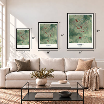 Hebron, Kentucky map in 12 x 18, 18 x 24 and 24 x 36 inch sizes above a sofa