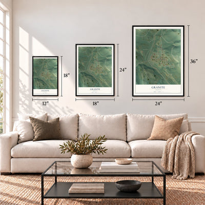 Granite, Oregon map in 12 x 18, 18 x 24 and 24 x 36 inch sizes above a sofa