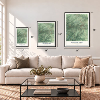 Chadds Ford, Pennsylvania map in 12 x 18, 18 x 24 and 24 x 36 inch sizes above a sofa
