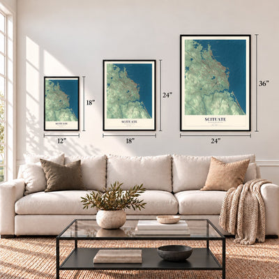 Scituate, Massachusetts map in 12 x 18, 18 x 24 and 24 x 36 inch sizes above a sofa