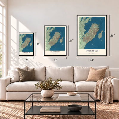 Marblehead, Massachusetts map in 12 x 18, 18 x 24 and 24 x 36 inch sizes above a sofa