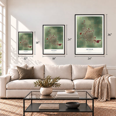Arthur, Illinois map in 12 x 18, 18 x 24 and 24 x 36 inch sizes above a sofa