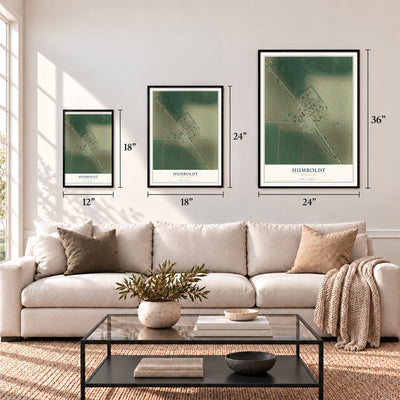 Humboldt, Minnesota map in 12 x 18, 18 x 24 and 24 x 36 inch sizes above a sofa