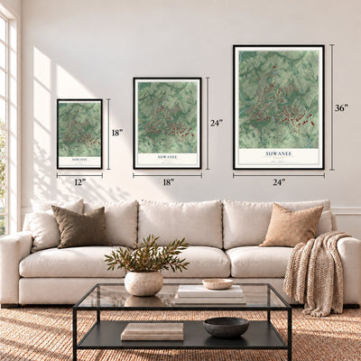 Suwanee, Georgia map in 12 x 18, 18 x 24 and 24 x 36 inch sizes above a sofa