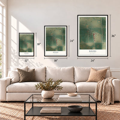 Rogers, North Dakota map in 12 x 18, 18 x 24 and 24 x 36 inch sizes above a sofa