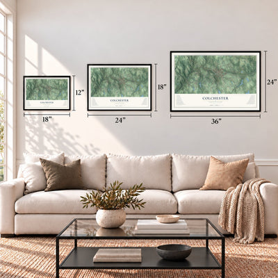 Colchester, Connecticut map in 12 x 18, 18 x 24 and 24 x 36 inch sizes above a sofa