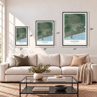 Gulfport, Mississippi map in 12 x 18, 18 x 24 and 24 x 36 inch sizes above a sofa