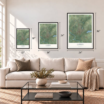 Camden, South Carolina map in 12 x 18, 18 x 24 and 24 x 36 inch sizes above a sofa