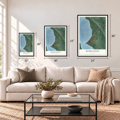 Bemus Point, New York map in 12 x 18, 18 x 24 and 24 x 36 inch sizes above a sofa