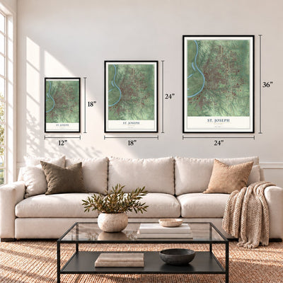 St. Joseph, Missouri map in 12 x 18, 18 x 24 and 24 x 36 inch sizes above a sofa