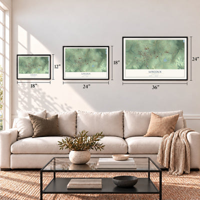 Lincoln, Arkansas map in 12 x 18, 18 x 24 and 24 x 36 inch sizes above a sofa