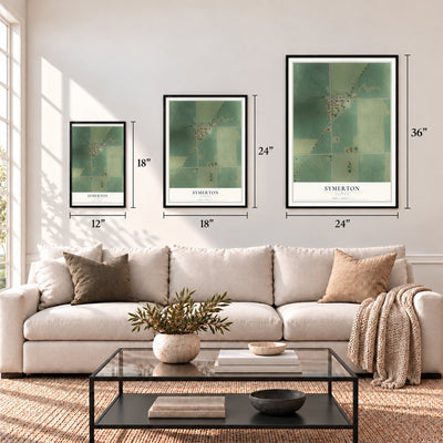 Symerton, Illinois map in 12 x 18, 18 x 24 and 24 x 36 inch sizes above a sofa