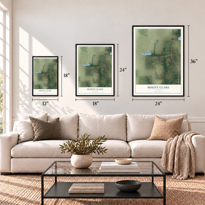 Mount Clare, Illinois map in 12 x 18, 18 x 24 and 24 x 36 inch sizes above a sofa