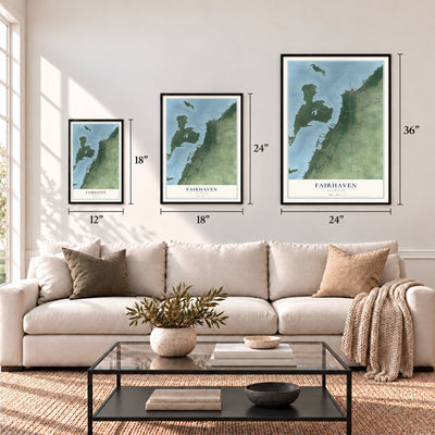 Fairhaven, Michigan map in 12 x 18, 18 x 24 and 24 x 36 inch sizes above a sofa