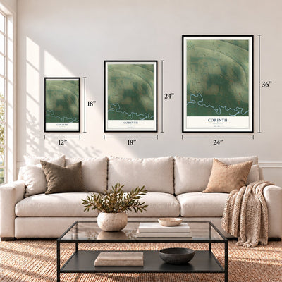 Corinth, Arkansas map in 12 x 18, 18 x 24 and 24 x 36 inch sizes above a sofa