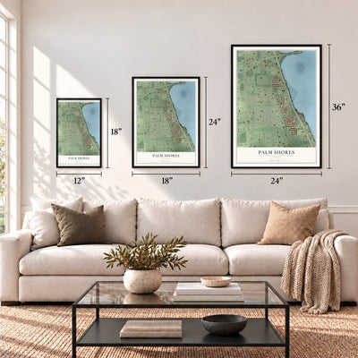 Palm Shores, Florida map in 12 x 18, 18 x 24 and 24 x 36 inch sizes above a sofa