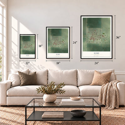 Echo, Minnesota map in 12 x 18, 18 x 24 and 24 x 36 inch sizes above a sofa