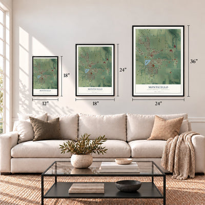Monticello, Green County, Wisconsin map in 12 x 18, 18 x 24 and 24 x 36 inch sizes above a sofa