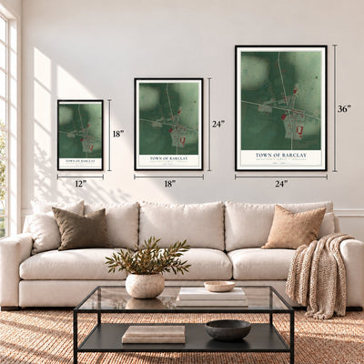 Barclay, Maryland map in 12 x 18, 18 x 24 and 24 x 36 inch sizes above a sofa