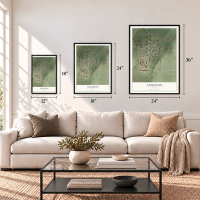 Anniston, Missouri map in 12 x 18, 18 x 24 and 24 x 36 inch sizes above a sofa