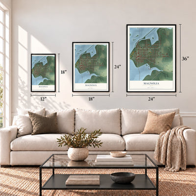 Magnolia, Ohio map in 12 x 18, 18 x 24 and 24 x 36 inch sizes above a sofa