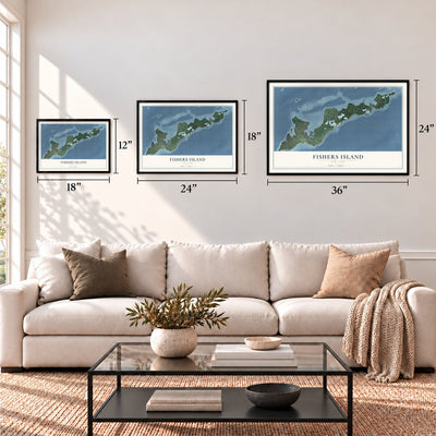 Fishers Island, New York map in 12 x 18, 18 x 24 and 24 x 36 inch sizes above a sofa