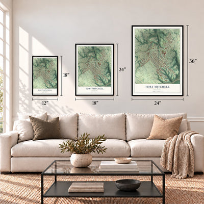 Fort Mitchell, Kentucky map in 12 x 18, 18 x 24 and 24 x 36 inch sizes above a sofa
