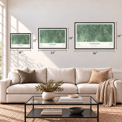 Glocester, Rhode Island map in 12 x 18, 18 x 24 and 24 x 36 inch sizes above a sofa