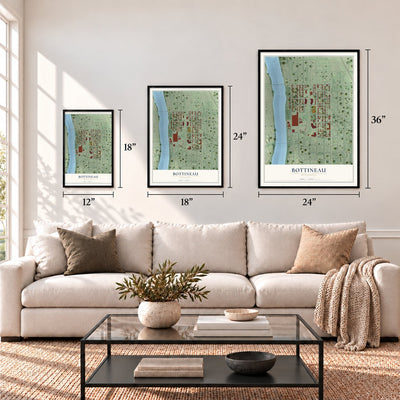 Bottineau, Minnesota map in 12 x 18, 18 x 24 and 24 x 36 inch sizes above a sofa