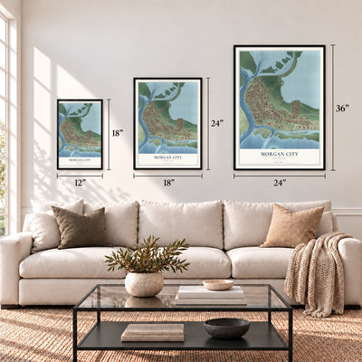 Morgan City, Louisiana map in 12 x 18, 18 x 24 and 24 x 36 inch sizes above a sofa