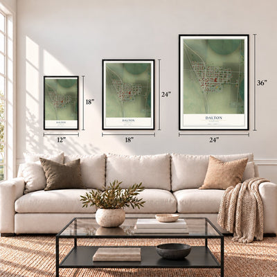 Dalton, Nebraska map in 12 x 18, 18 x 24 and 24 x 36 inch sizes above a sofa