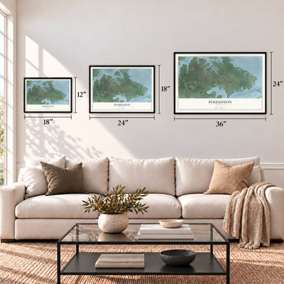 Poquoson, Virginia map in 12 x 18, 18 x 24 and 24 x 36 inch sizes above a sofa