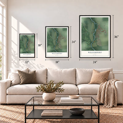 Williamsport, Ohio map in 12 x 18, 18 x 24 and 24 x 36 inch sizes above a sofa