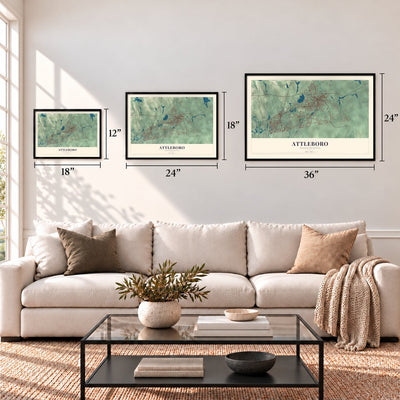 Attleboro, Massachusetts map in 12 x 18, 18 x 24 and 24 x 36 inch sizes above a sofa