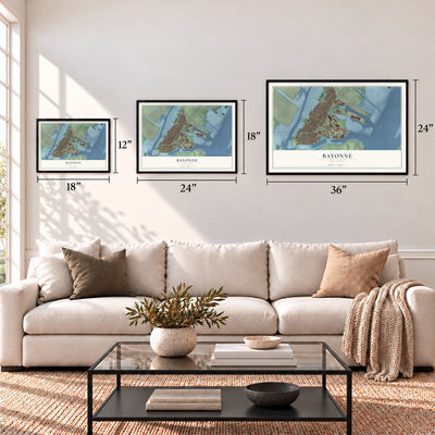 Bayonne, New Jersey map in 12 x 18, 18 x 24 and 24 x 36 inch sizes above a sofa