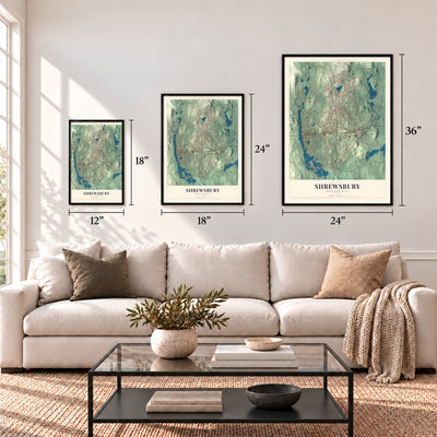 Shrewsbury, Massachusetts map in 12 x 18, 18 x 24 and 24 x 36 inch sizes above a sofa