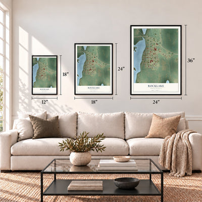Rocklake, North Dakota map in 12 x 18, 18 x 24 and 24 x 36 inch sizes above a sofa