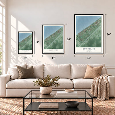 Grand Beach, Michigan map in 12 x 18, 18 x 24 and 24 x 36 inch sizes above a sofa