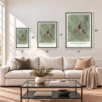 Balcones Heights, Texas map in 12 x 18, 18 x 24 and 24 x 36 inch sizes above a sofa