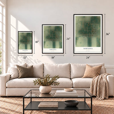 Newtonia, Missouri map in 12 x 18, 18 x 24 and 24 x 36 inch sizes above a sofa