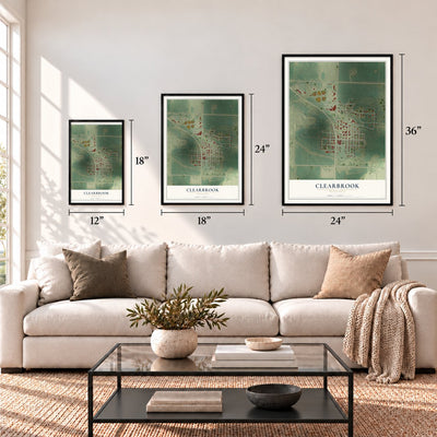 Clearbrook, Minnesota map in 12 x 18, 18 x 24 and 24 x 36 inch sizes above a sofa