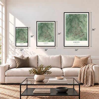 Oakton, Virginia map in 12 x 18, 18 x 24 and 24 x 36 inch sizes above a sofa