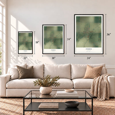Ferris, Illinois map in 12 x 18, 18 x 24 and 24 x 36 inch sizes above a sofa