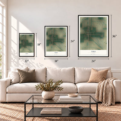 Tiro, Ohio map in 12 x 18, 18 x 24 and 24 x 36 inch sizes above a sofa
