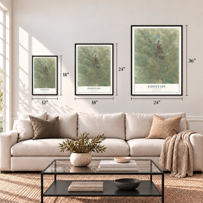 Fountain, Colorado map in 12 x 18, 18 x 24 and 24 x 36 inch sizes above a sofa