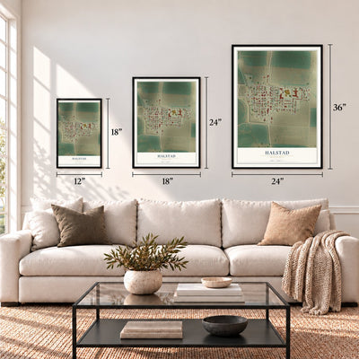 Halstad, Minnesota map in 12 x 18, 18 x 24 and 24 x 36 inch sizes above a sofa