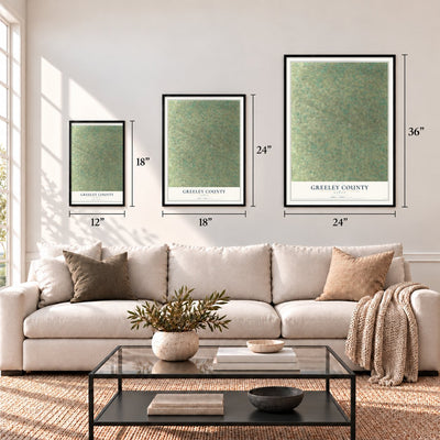 Greeley County, Kansas map in 12 x 18, 18 x 24 and 24 x 36 inch sizes above a sofa