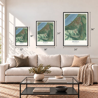 Bromley, Kentucky map in 12 x 18, 18 x 24 and 24 x 36 inch sizes above a sofa