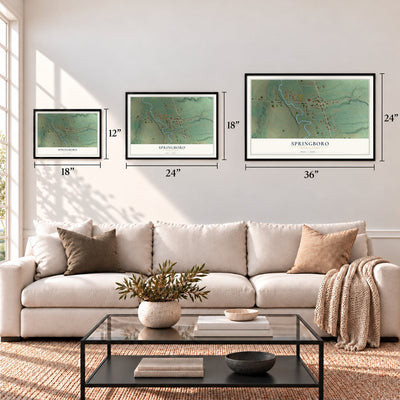 Springboro, Pennsylvania map in 12 x 18, 18 x 24 and 24 x 36 inch sizes above a sofa