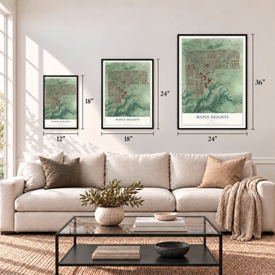 Maple Heights, Ohio map in 12 x 18, 18 x 24 and 24 x 36 inch sizes above a sofa